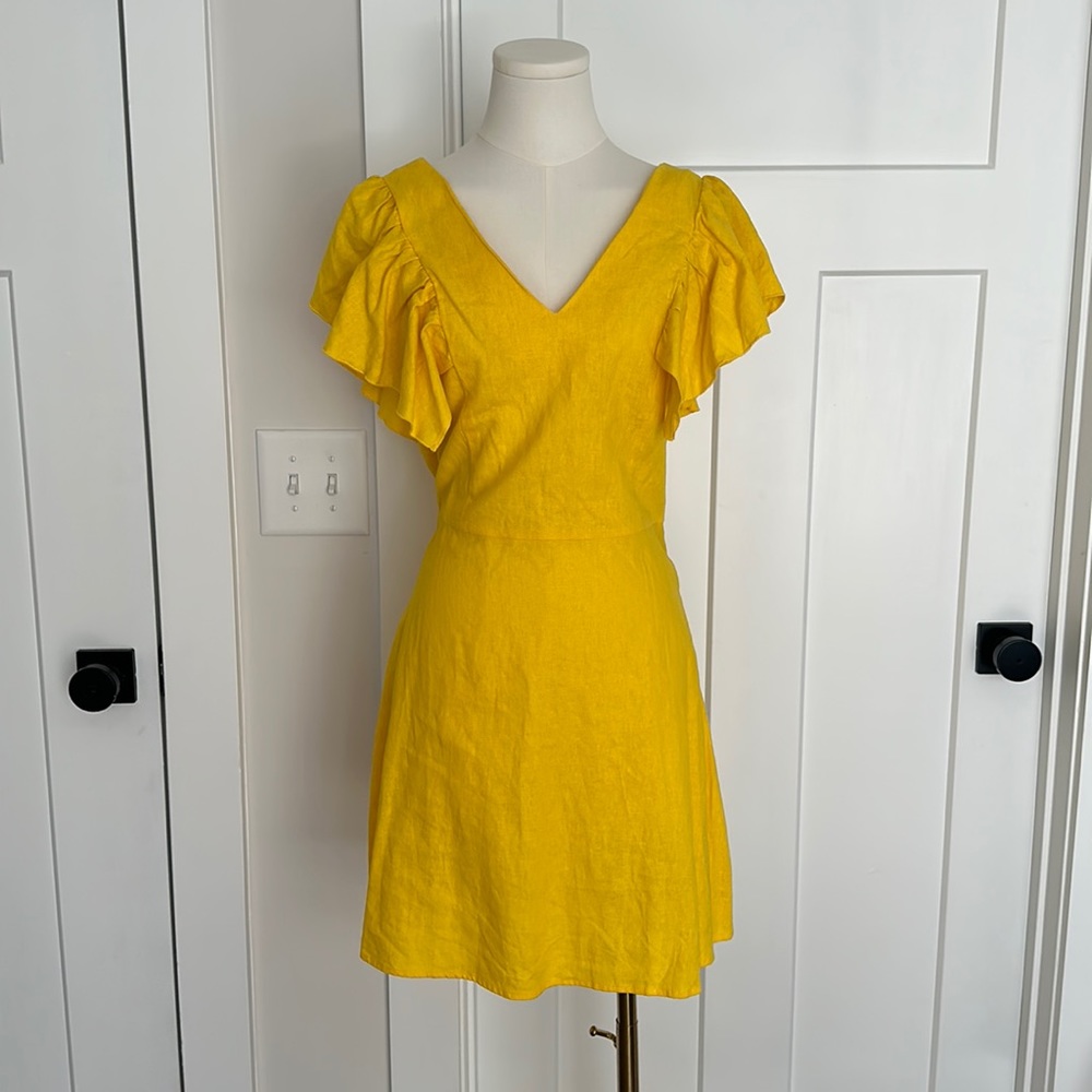 Bright Yellow Linen Mini Dress with Ruffle Sleeves